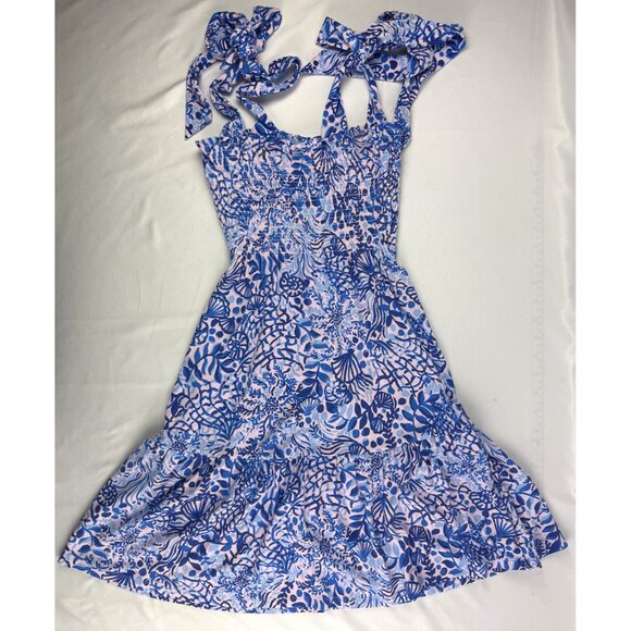 Lilly Pulitzer Kailua Smocked Dress Tie Shoulder Straps Blue and Pink XXS - Picture 3 of 6